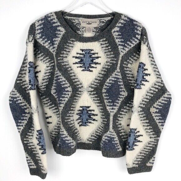 THE LIMITED Y2K hand knit Aztec Wool Cotton Sweater M cabincore country Western - Picture 1 of 7